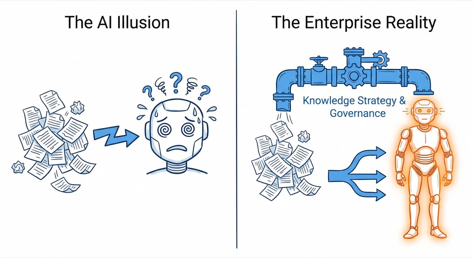 Illustrated comparison between an AI system fed unstructured documents and an enterprise knowledge strategy with governance.