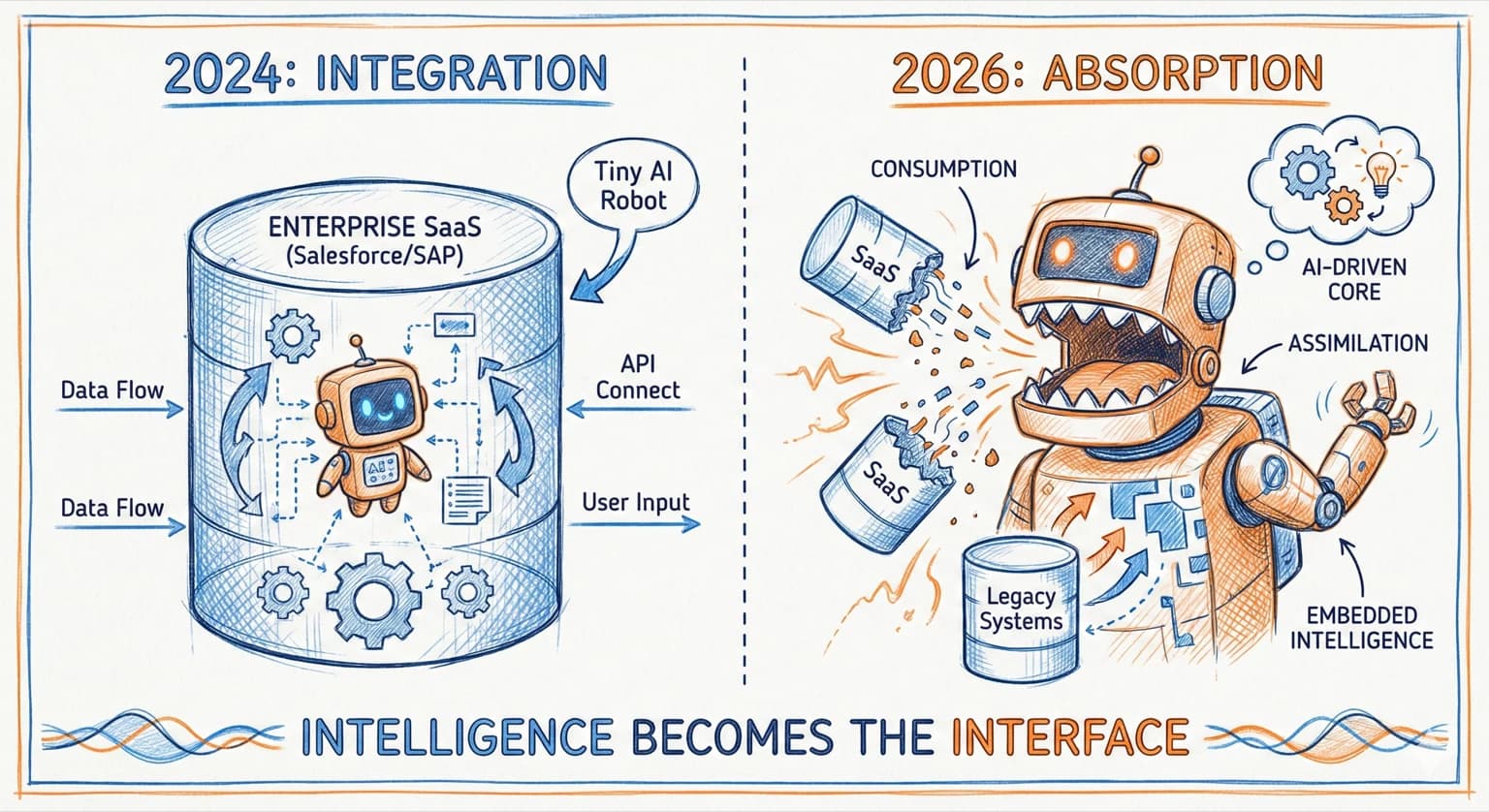 Hand-drawn diagram contrasting an AI feature added to enterprise software with intelligence absorbed into the operating core.