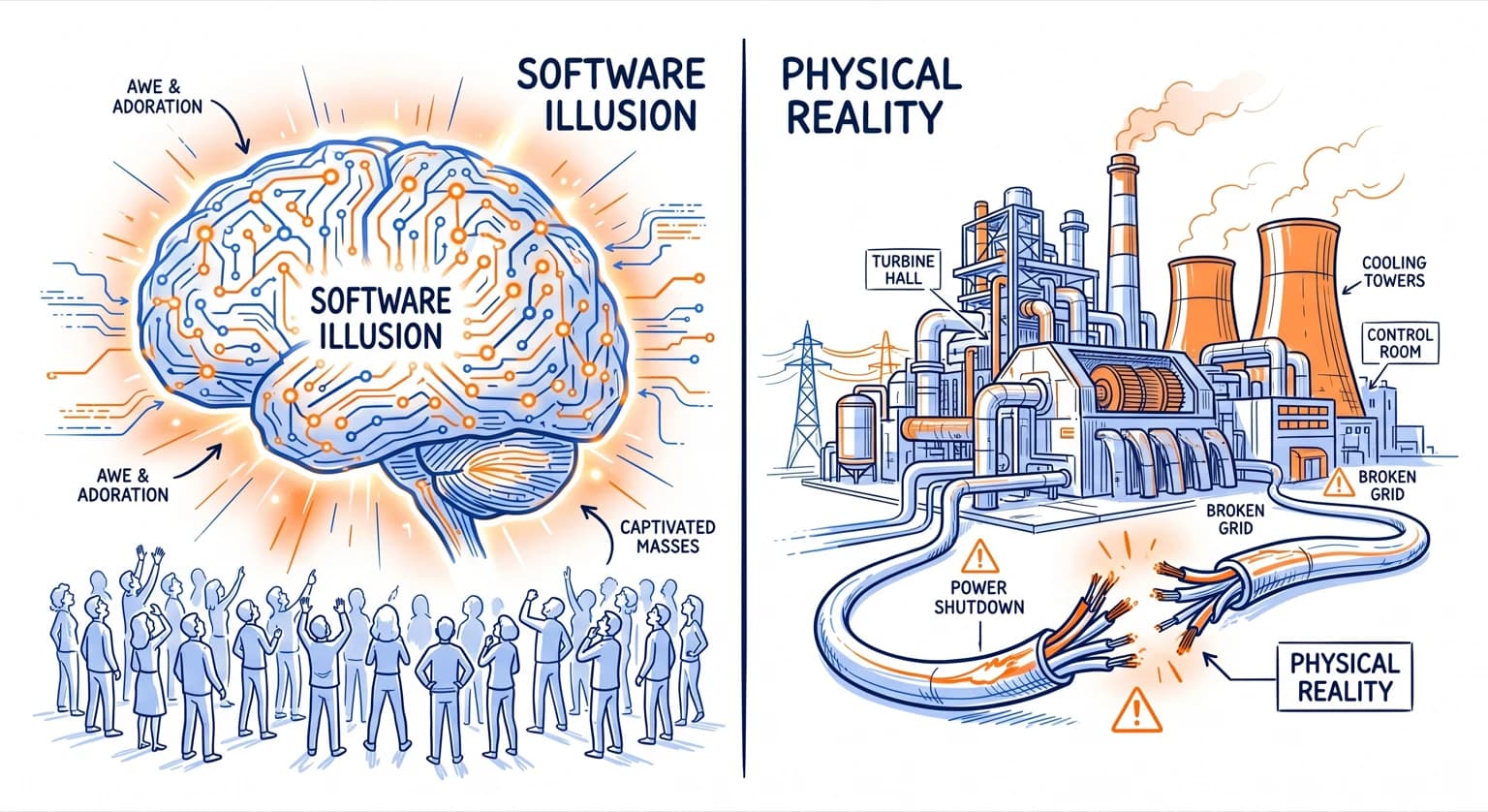 Hand-drawn comparison between a celebrated software illusion and the physical systems required to operate it.